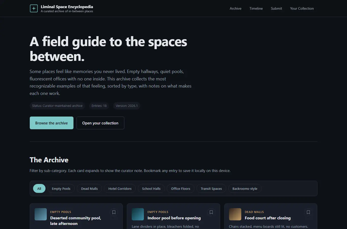 Screenshot of Liminal Space Encyclopedia interface showing the project page in use